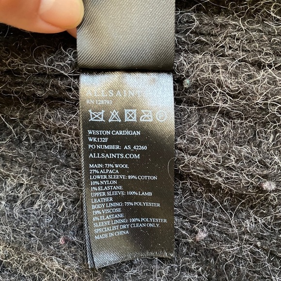 ALL SAINTS wool, alpaca cardigan with leather sleeves. - Picture 7 of 8